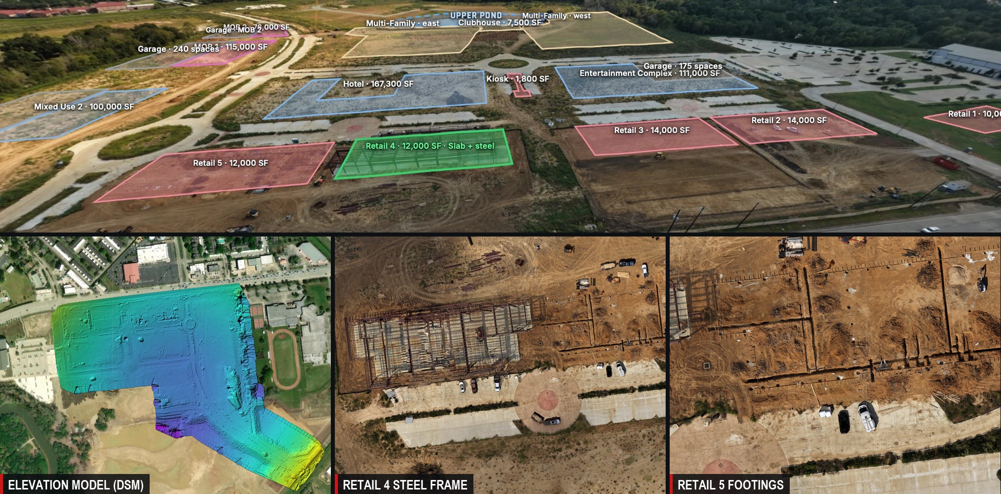 528 City Center construction intelligence: interactive 360 site view with planned footprints, plus elevation model, steel frame and footing close-ups