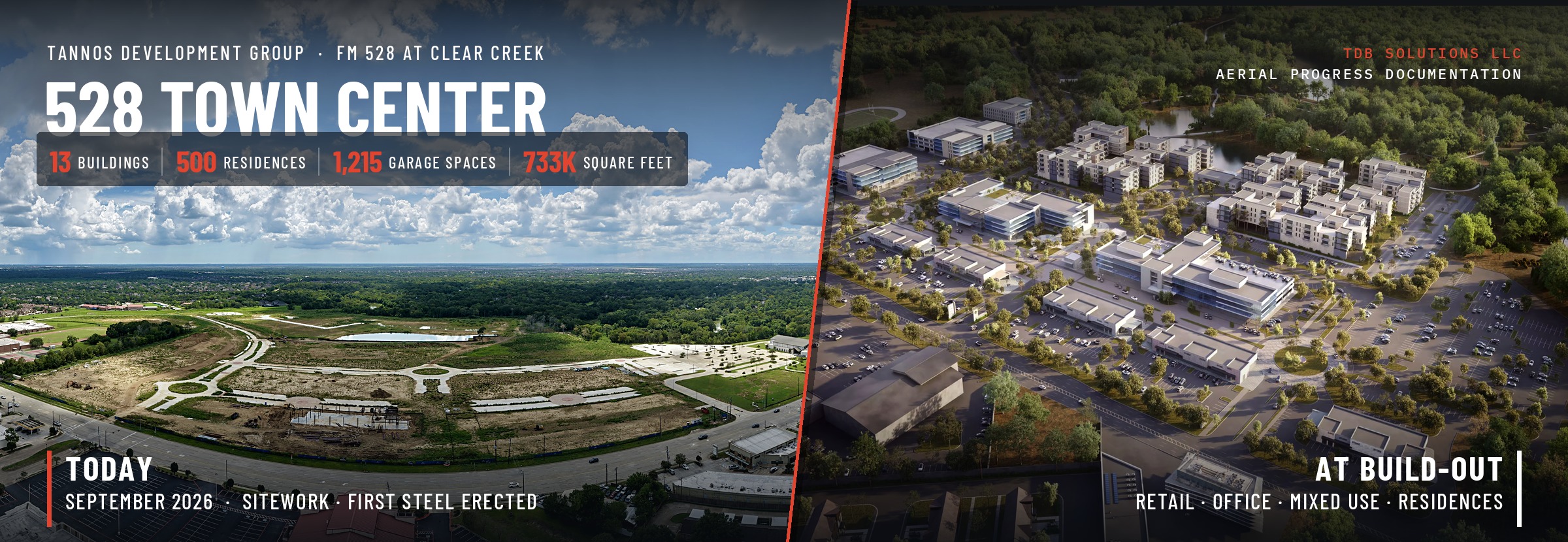 Split view of the 528 City Center site: the September 2026 aerial on the left showing paved roundabouts, poured slabs and one steel frame; the completed build-out rendering on the right.