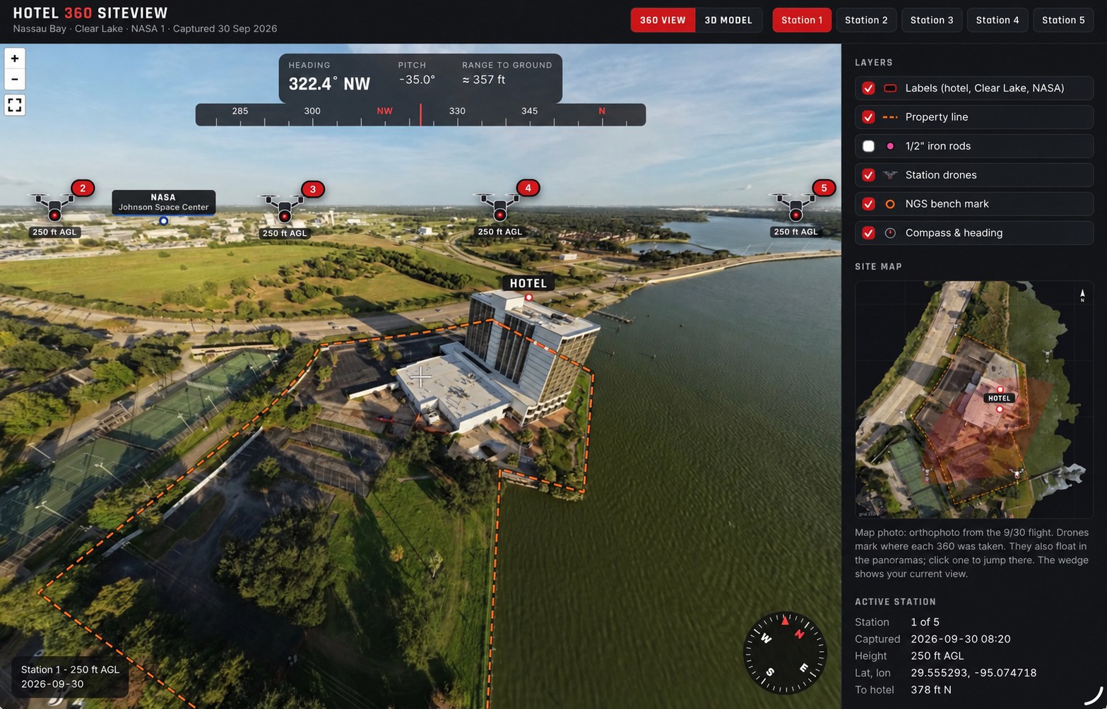 TDB Hotel 360 SiteView of a lakefront hotel on Clear Lake with property line, station drones and site map