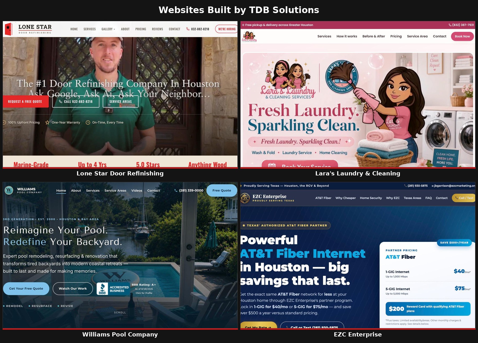 Websites Built by TDB Solutions — Lone Star Door Refinishing, Lara's Laundry & Cleaning, Williams Pool Company, EZC Enterprise