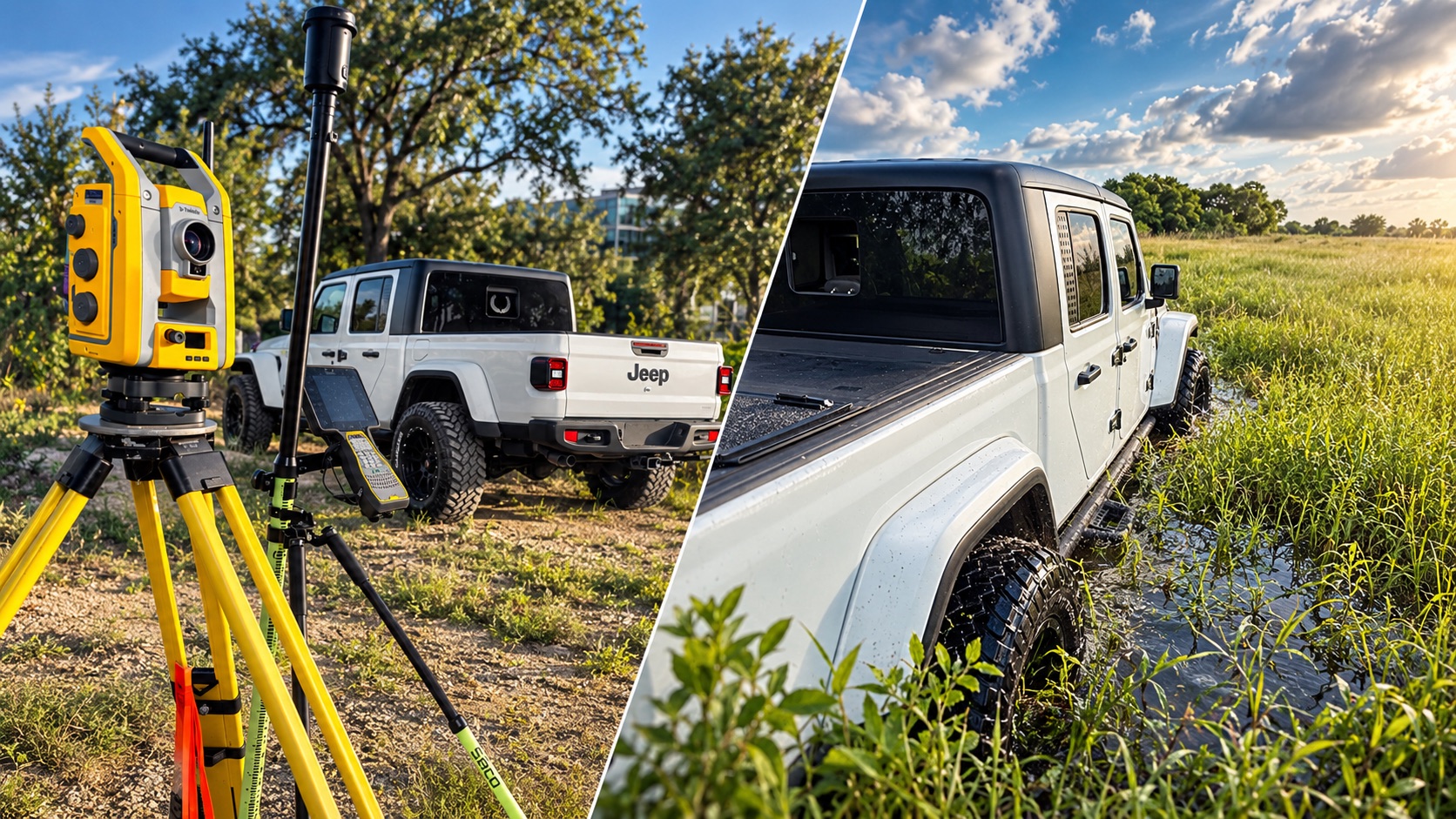 Survey total station on a tripod beside a Jeep truck on a job site