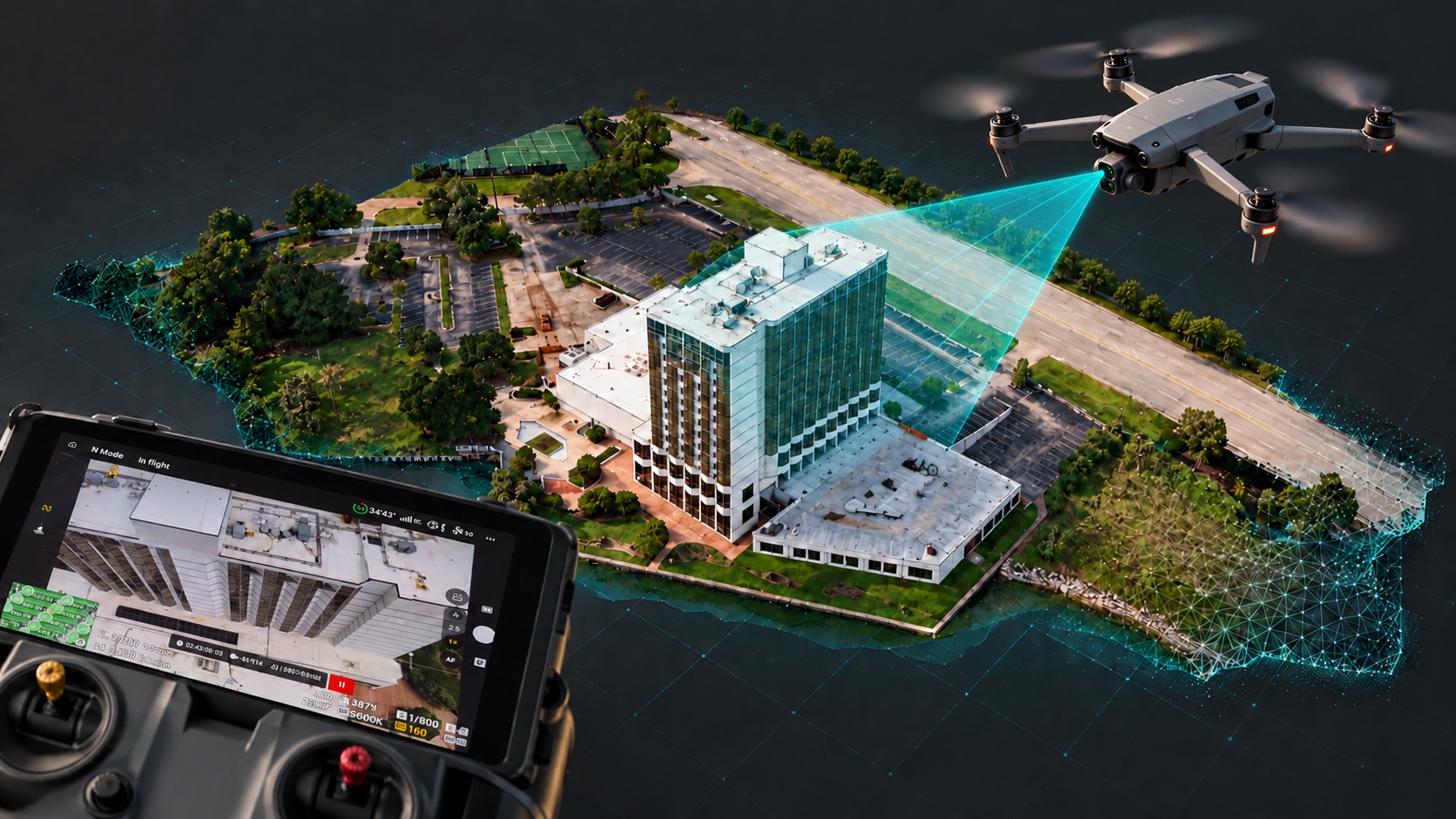 Drone controller mapping a hotel property from the air