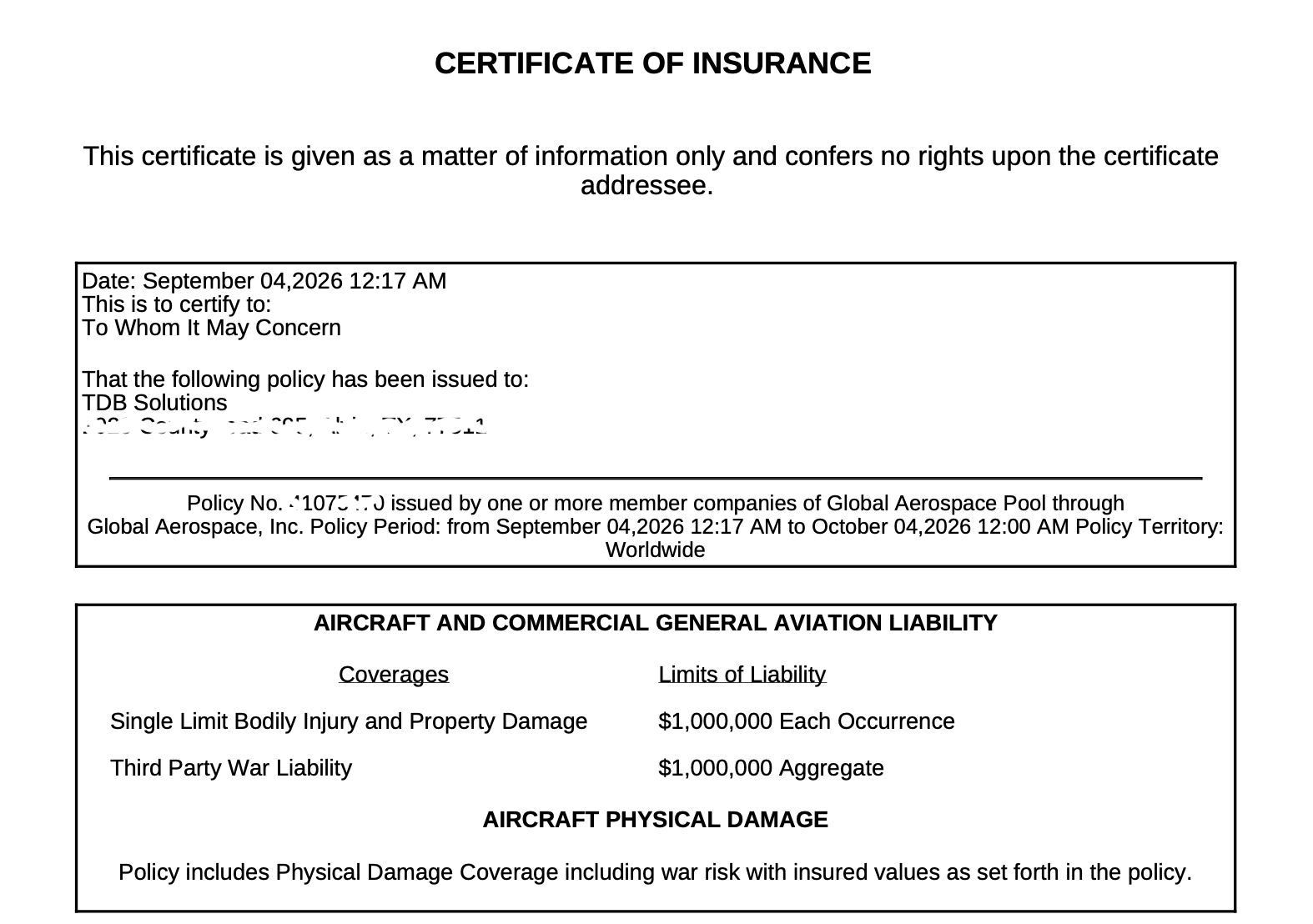 TDB Solutions LLC Certificate of Insurance