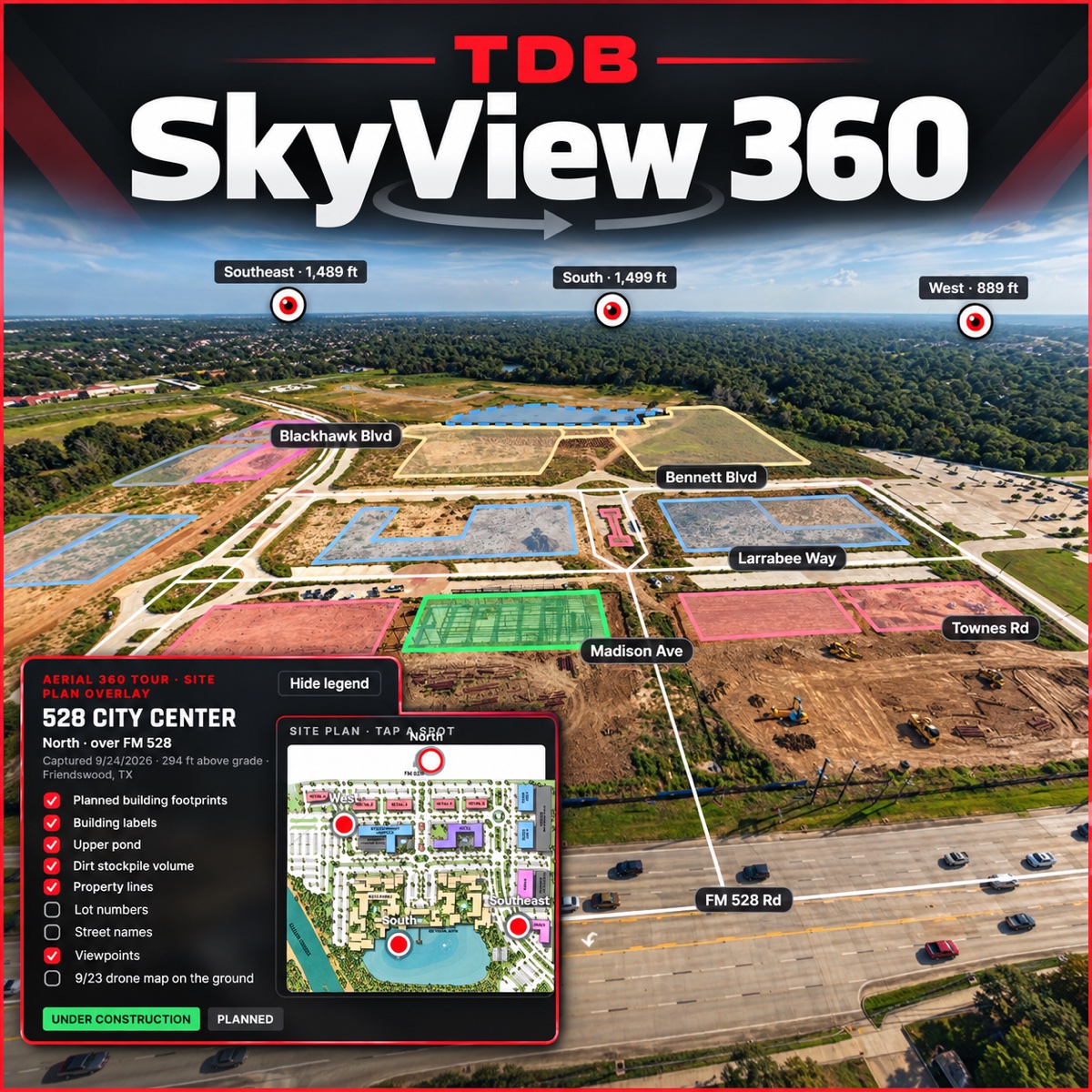 TDB SkyView 360 interactive aerial tour with drone viewpoints, labeled buildings and a site plan map