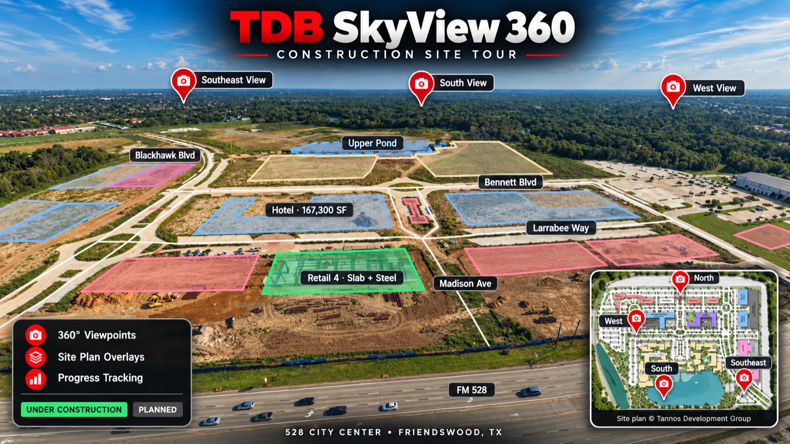 TDB SkyView 360 construction site tour showing viewpoints, site plan overlays and progress tracking at 528 City Center