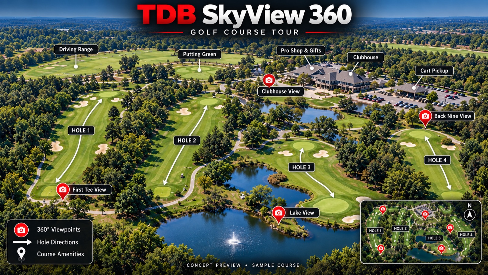 Concept preview of a SkyView 360 golf course tour with labeled holes, driving range, putting green, pro shop, clubhouse and cart pickup