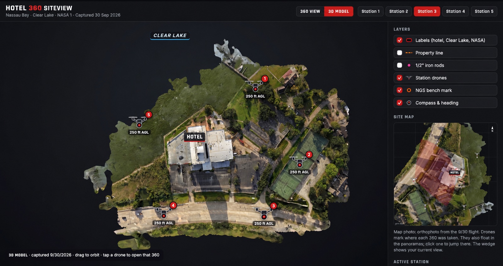 TDB SkyView 360 hotel site view on Clear Lake with a 3D model, numbered drone stations at 250 ft, layer toggles and a site map