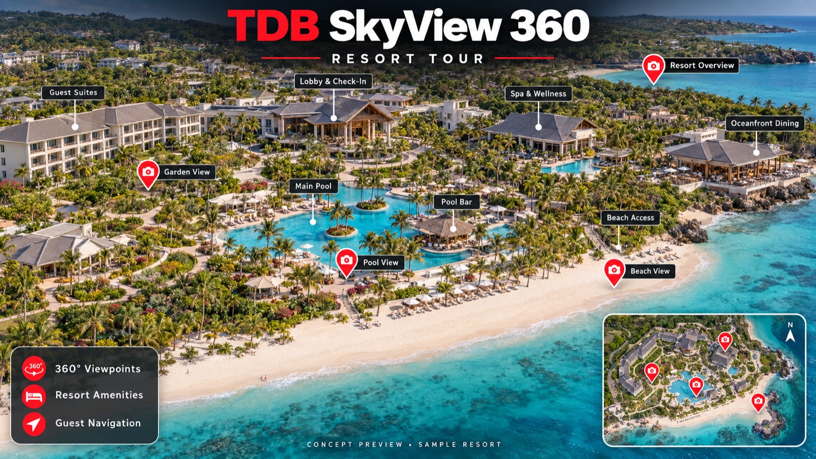 Concept preview of a SkyView 360 resort tour with labeled guest suites, lobby and check-in, spa, main pool, pool bar, oceanfront dining and beach access